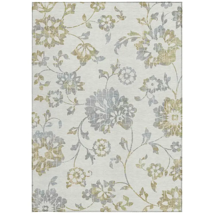 10' X 14' Ivory Gray And Gold Floral Washable Indoor Outdoor Area Rug