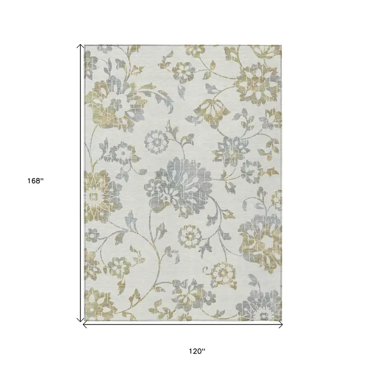 10' X 14' Ivory Gray And Gold Floral Washable Indoor Outdoor Area Rug