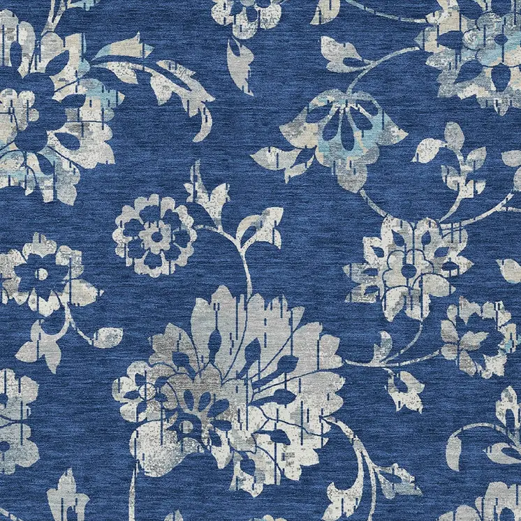 5' X 8' Navy Blue And Gray Floral Washable Indoor Outdoor Area Rug