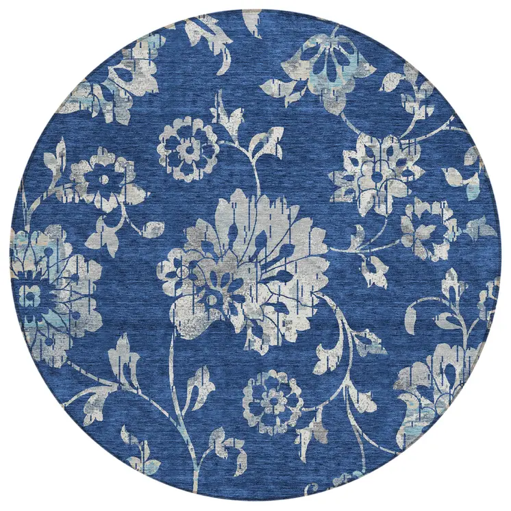 8' Navy Blue And Gray Round Floral Washable Indoor Outdoor Area Rug