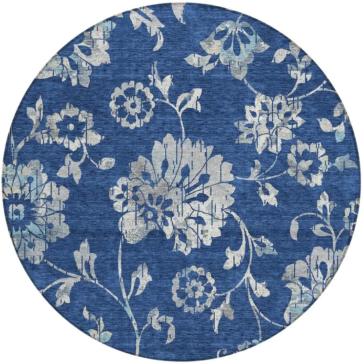 8' Navy Blue And Gray Round Floral Washable Indoor Outdoor Area Rug