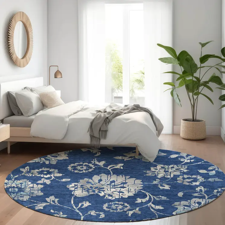 8' Navy Blue And Gray Round Floral Washable Indoor Outdoor Area Rug