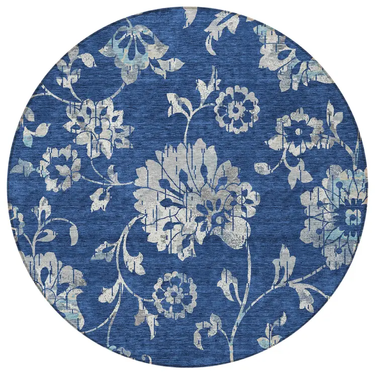 8' Navy Blue And Gray Round Floral Washable Indoor Outdoor Area Rug