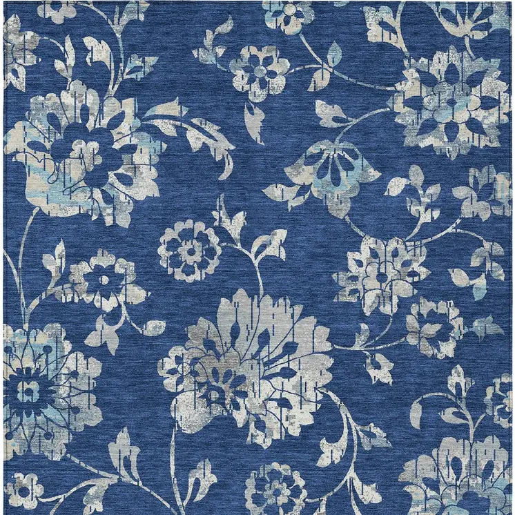 8' X 10' Navy Blue And Gray Floral Washable Indoor Outdoor Area Rug
