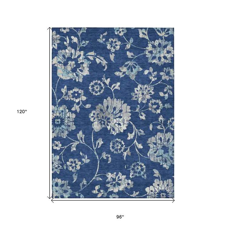8' X 10' Navy Blue And Gray Floral Washable Indoor Outdoor Area Rug