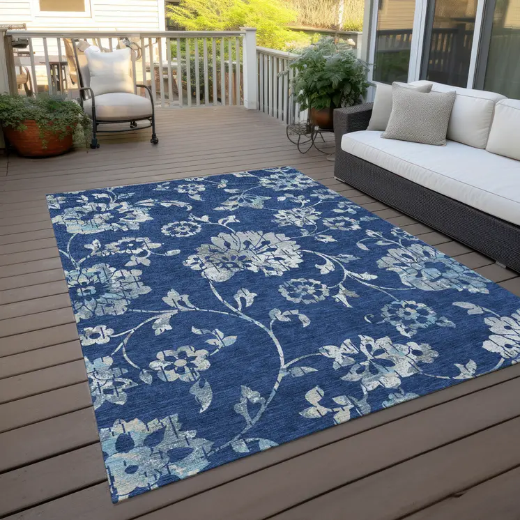 8' X 10' Navy Blue And Gray Floral Washable Indoor Outdoor Area Rug