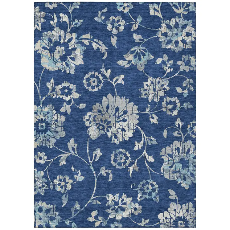 8' X 10' Navy Blue And Gray Floral Washable Indoor Outdoor Area Rug