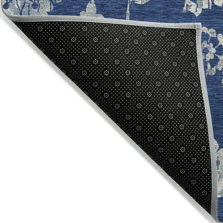 8' X 10' Navy Blue And Gray Floral Washable Indoor Outdoor Area Rug