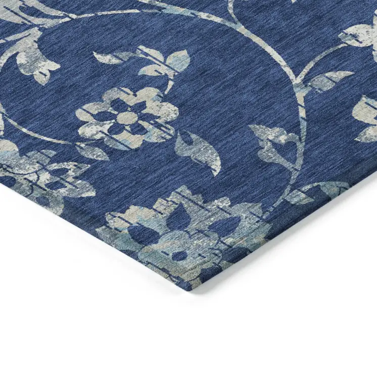8' X 10' Navy Blue And Gray Floral Washable Indoor Outdoor Area Rug
