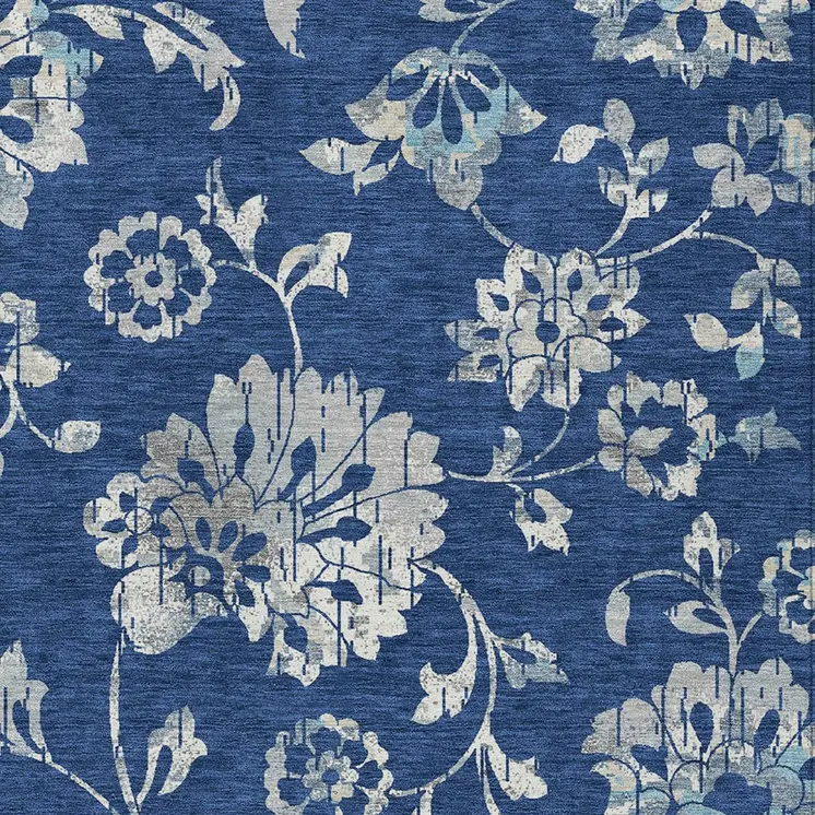 8' X 10' Navy Blue And Gray Floral Washable Indoor Outdoor Area Rug