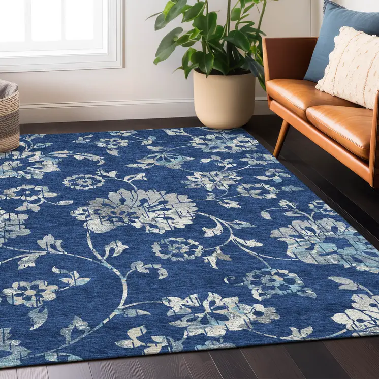 8' X 10' Navy Blue And Gray Floral Washable Indoor Outdoor Area Rug