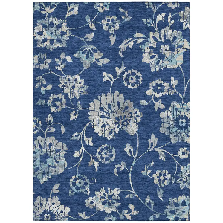 10' X 14' Navy Blue And Gray Floral Washable Indoor Outdoor Area Rug