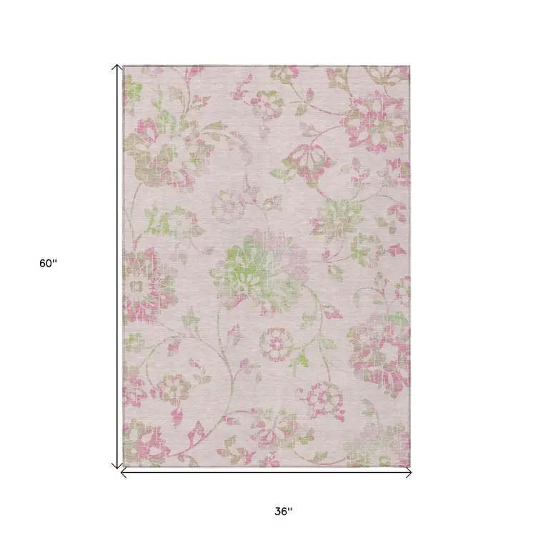 3' X 5' Pink Blush And Artichoke Green Floral Washable Indoor Outdoor Area Rug