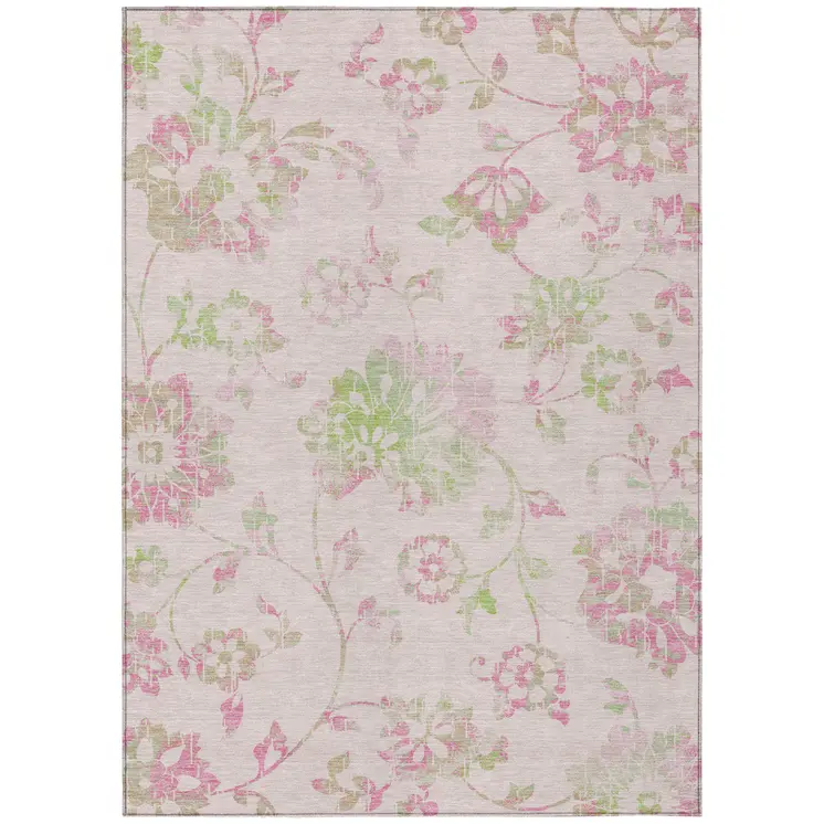 3' X 5' Pink Blush And Artichoke Green Floral Washable Indoor Outdoor Area Rug