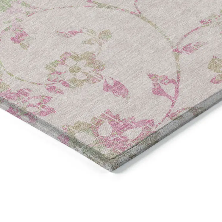 3' X 5' Pink Blush And Artichoke Green Floral Washable Indoor Outdoor Area Rug