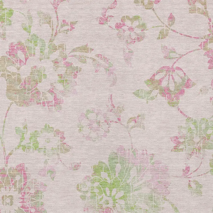3' X 5' Pink Blush And Artichoke Green Floral Washable Indoor Outdoor Area Rug