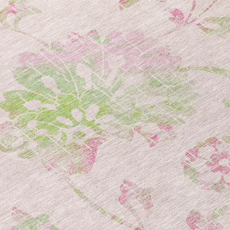 3' X 5' Pink Blush And Artichoke Green Floral Washable Indoor Outdoor Area Rug