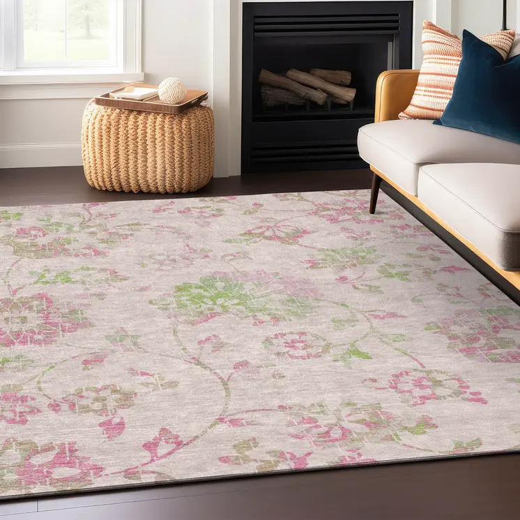 3' X 5' Pink Blush And Artichoke Green Floral Washable Indoor Outdoor Area Rug