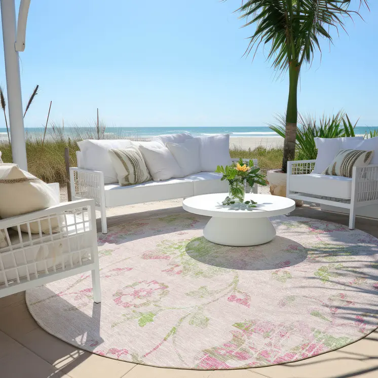 8' Pink Blush And Artichoke Green Round Floral Washable Indoor Outdoor Area Rug