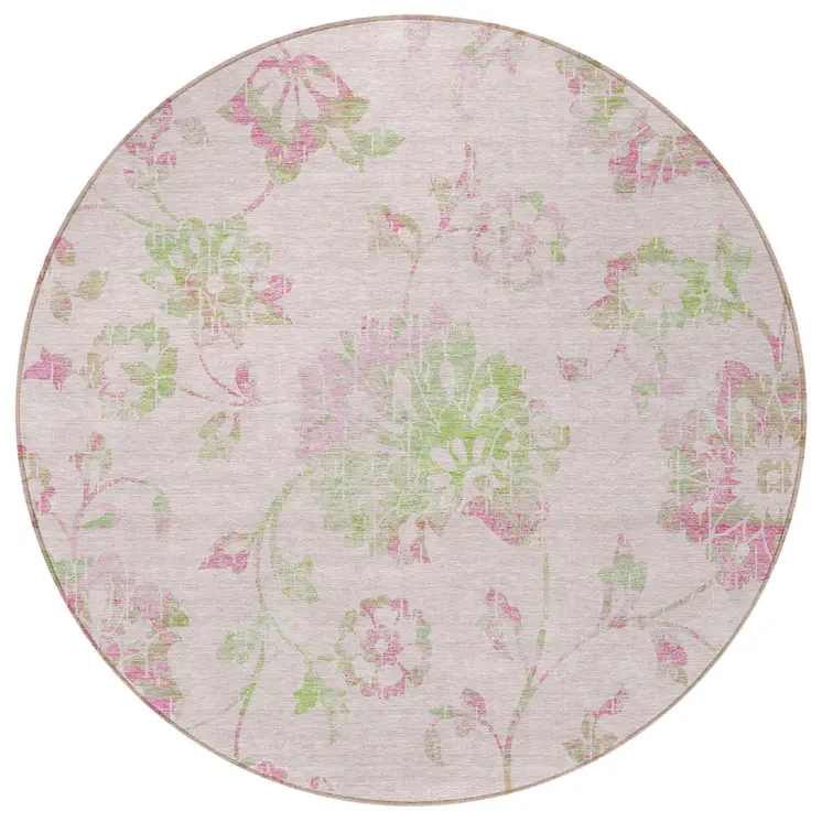 8' Pink Blush And Artichoke Green Round Floral Washable Indoor Outdoor Area Rug