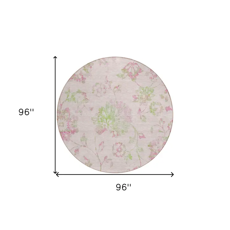 8' Pink Blush And Artichoke Green Round Floral Washable Indoor Outdoor Area Rug