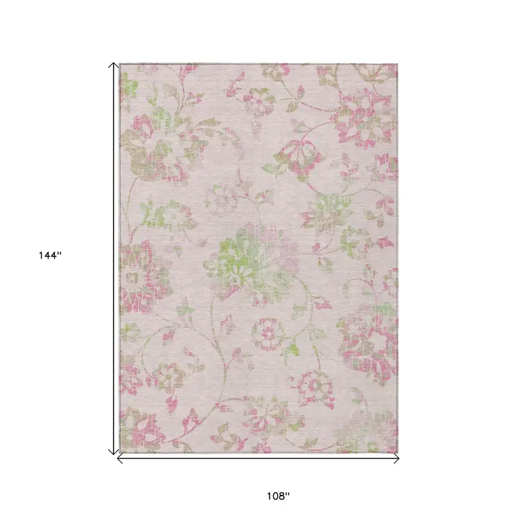 9' X 12' Pink Blush And Artichoke Green Floral Washable Indoor Outdoor Area Rug