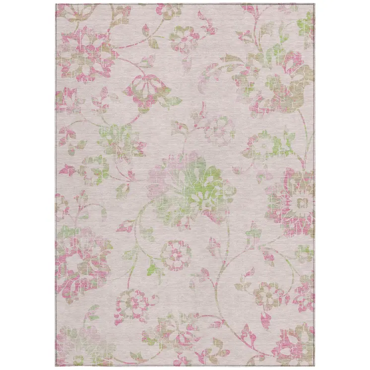 10' X 14' Pink Blush And Artichoke Green Floral Washable Indoor Outdoor Area Rug
