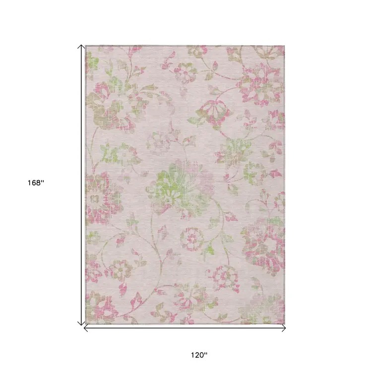 10' X 14' Pink Blush And Artichoke Green Floral Washable Indoor Outdoor Area Rug