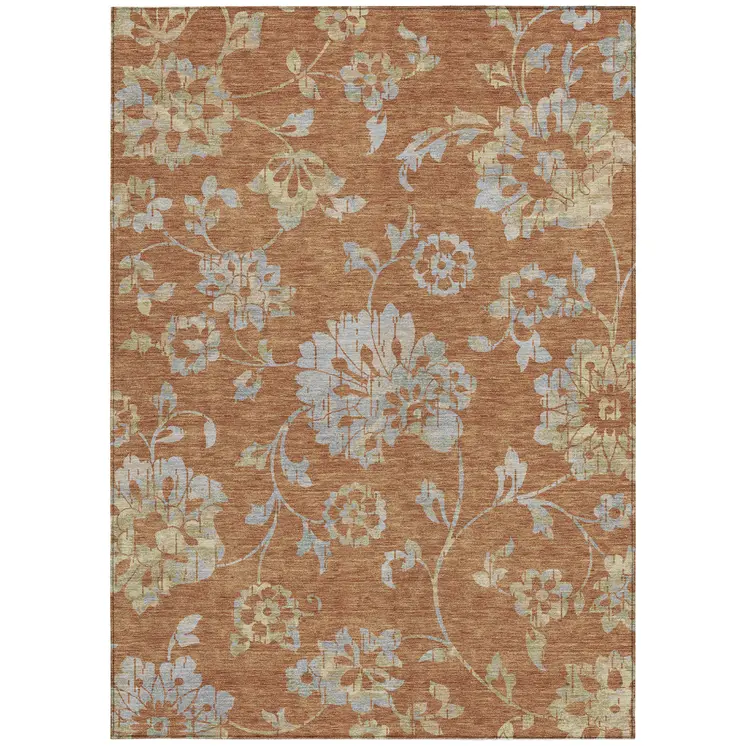 3' X 5' Orange Copper And Gray Floral Washable Indoor Outdoor Area Rug