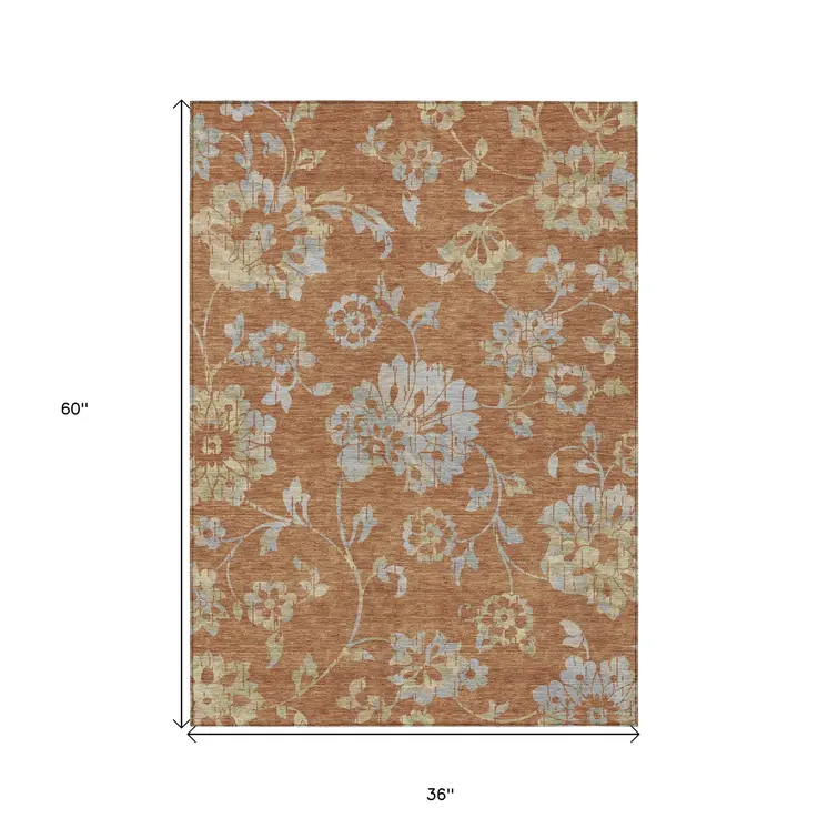 3' X 5' Orange Copper And Gray Floral Washable Indoor Outdoor Area Rug