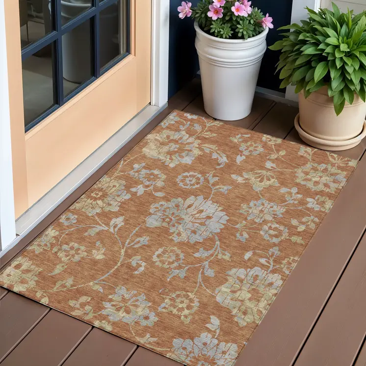3' X 5' Orange Copper And Gray Floral Washable Indoor Outdoor Area Rug