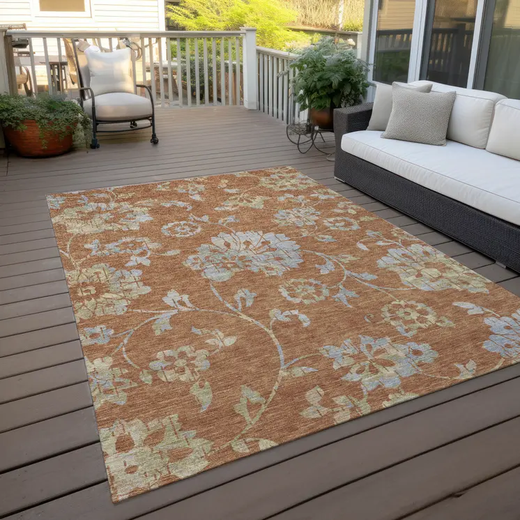 3' X 5' Orange Copper And Gray Floral Washable Indoor Outdoor Area Rug