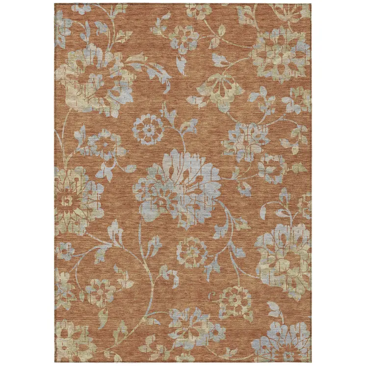 3' X 5' Orange Copper And Gray Floral Washable Indoor Outdoor Area Rug