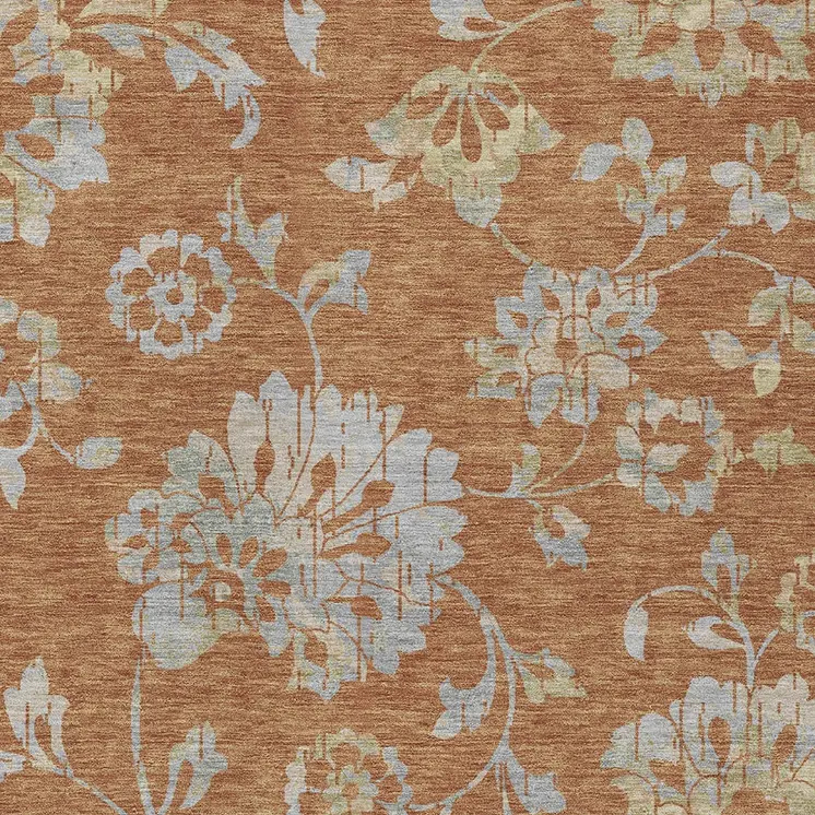 5' X 8' Orange Copper And Gray Floral Washable Indoor Outdoor Area Rug