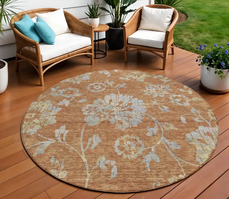 8' Orange Copper And Gray Round Floral Washable Indoor Outdoor Area Rug