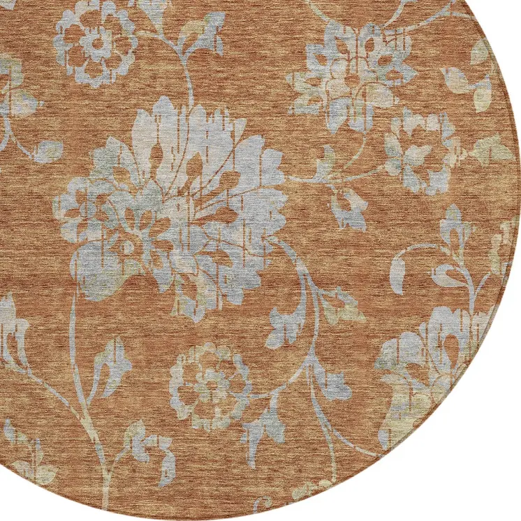 8' Orange Copper And Gray Round Floral Washable Indoor Outdoor Area Rug