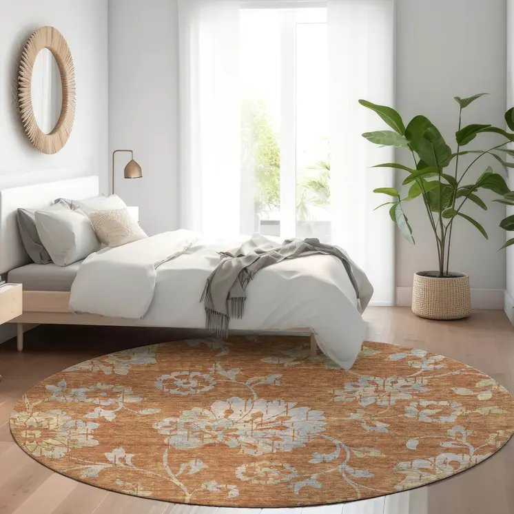 8' Orange Copper And Gray Round Floral Washable Indoor Outdoor Area Rug
