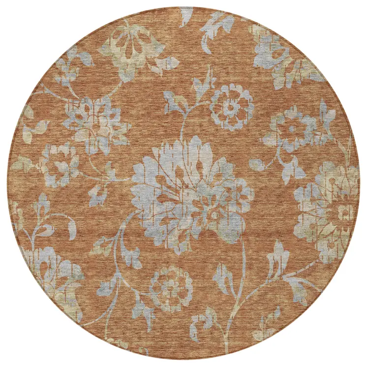 8' Orange Copper And Gray Round Floral Washable Indoor Outdoor Area Rug