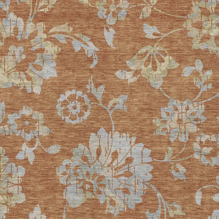 8' X 10' Orange Copper And Gray Floral Washable Indoor Outdoor Area Rug