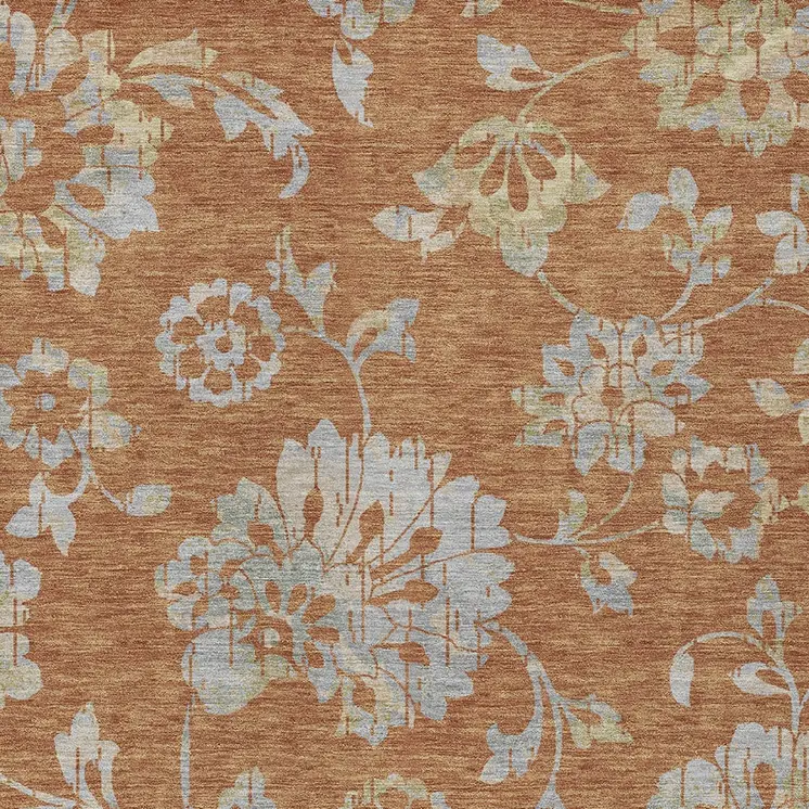 9' X 12' Orange Copper And Gray Floral Washable Indoor Outdoor Area Rug