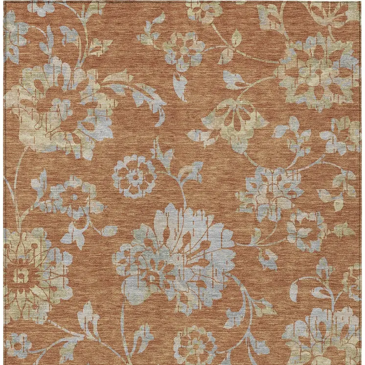 10' X 14' Orange Copper And Gray Floral Washable Indoor Outdoor Area Rug