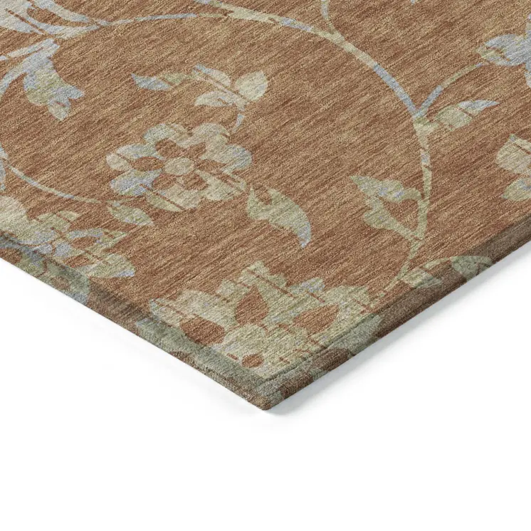 10' X 14' Orange Copper And Gray Floral Washable Indoor Outdoor Area Rug