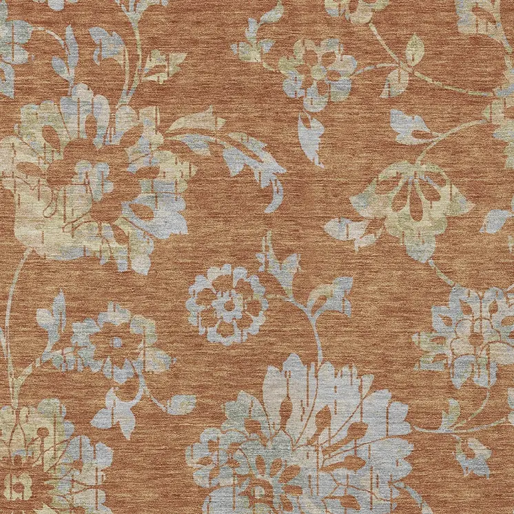 10' X 14' Orange Copper And Gray Floral Washable Indoor Outdoor Area Rug