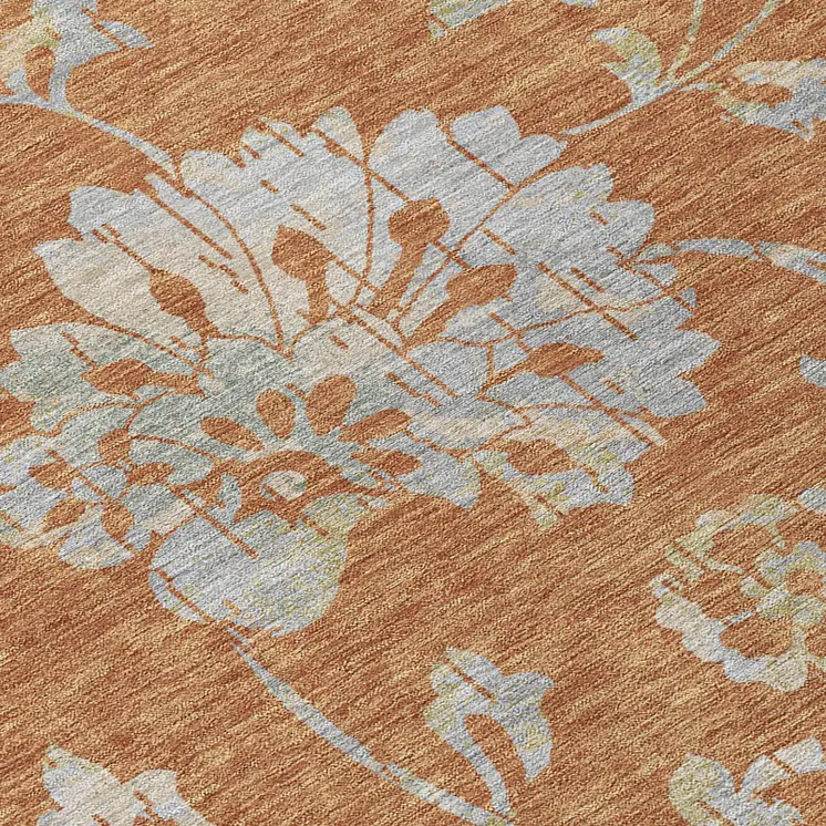 10' X 14' Orange Copper And Gray Floral Washable Indoor Outdoor Area Rug