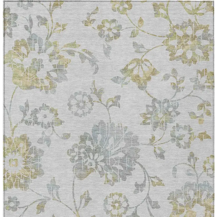 3' X 5' Silver Gray And Gold Floral Washable Indoor Outdoor Area Rug