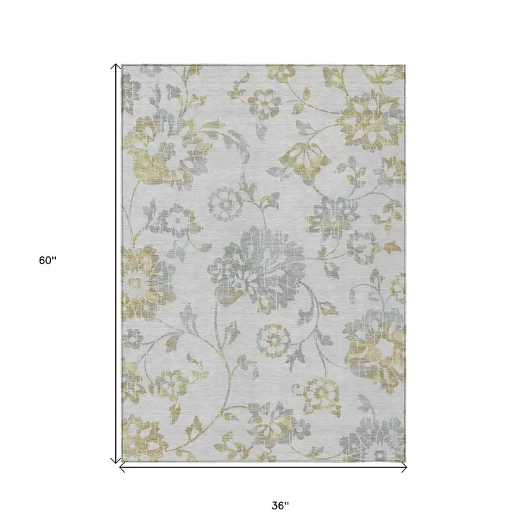 3' X 5' Silver Gray And Gold Floral Washable Indoor Outdoor Area Rug
