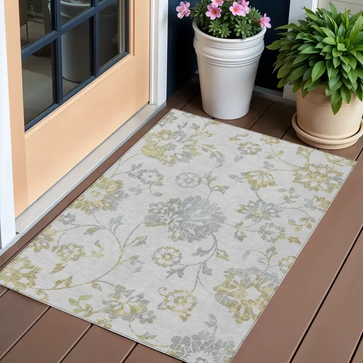 3' X 5' Silver Gray And Gold Floral Washable Indoor Outdoor Area Rug