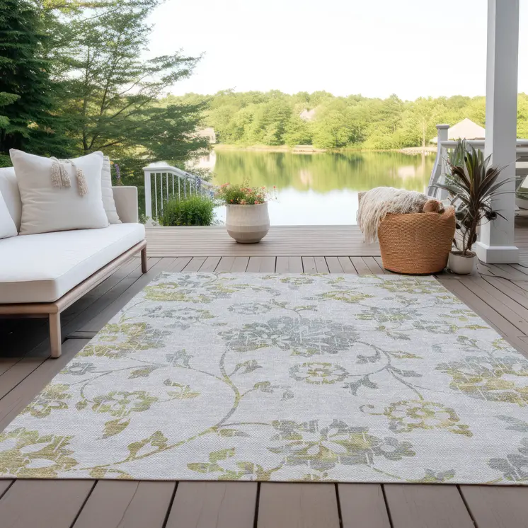 3' X 5' Silver Gray And Gold Floral Washable Indoor Outdoor Area Rug