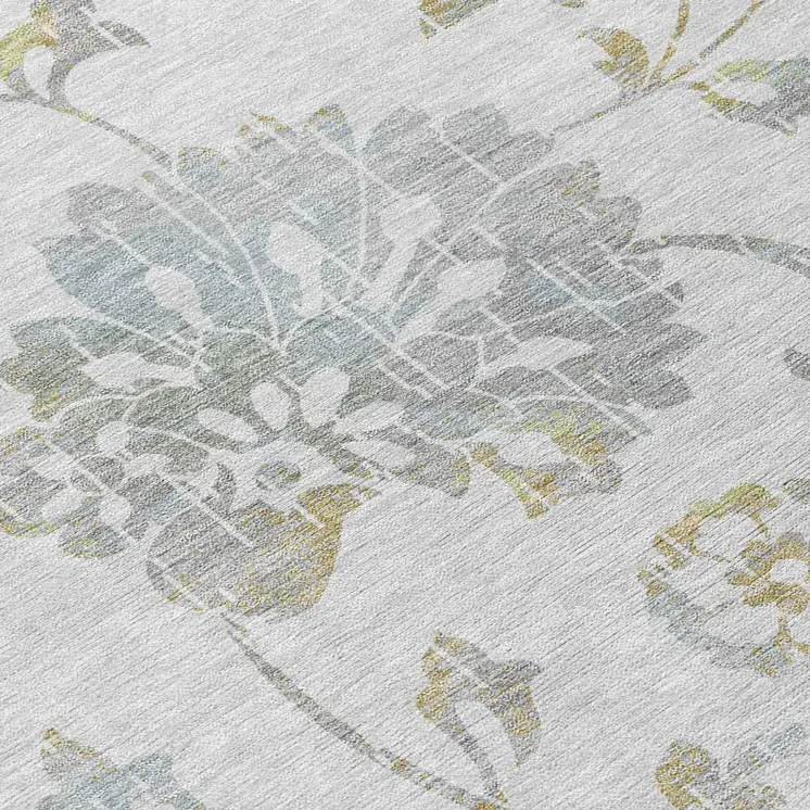 3' X 5' Silver Gray And Gold Floral Washable Indoor Outdoor Area Rug
