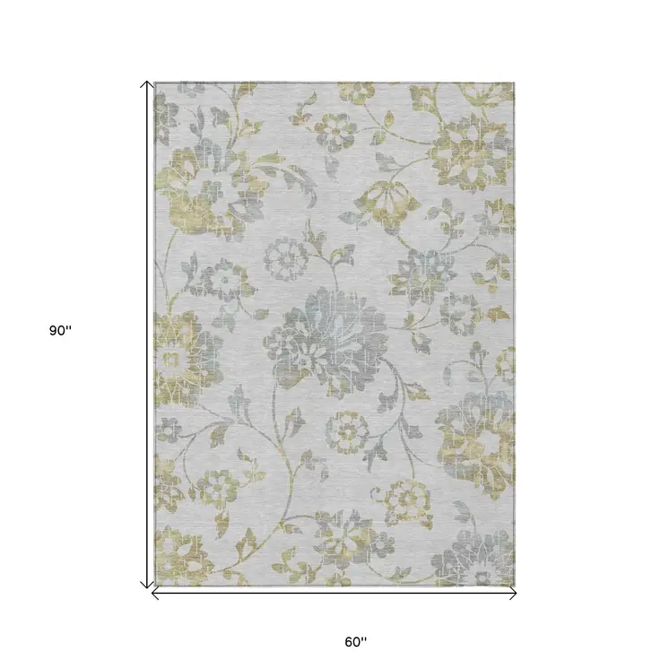 5' X 8' Silver Gray And Gold Floral Washable Indoor Outdoor Area Rug